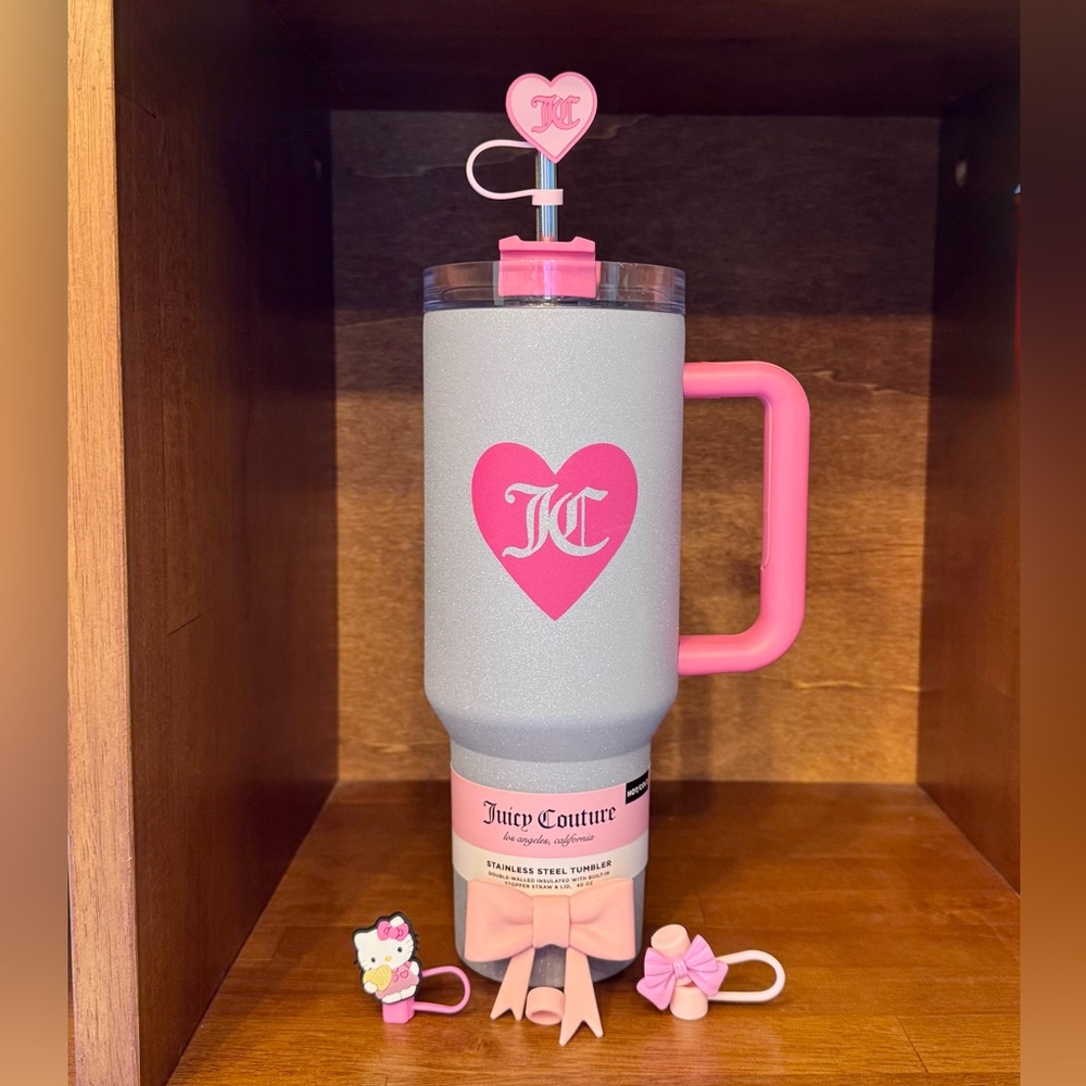 Juicy Couture Pink Gray Glitter Insulated Water Bottle Diamond Straw Topper BNWT